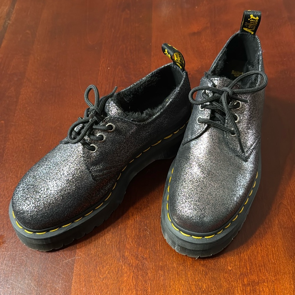 Dr. Martens 1461 Faux Fur-Lined Metallic Leather Quad Platform Shoes